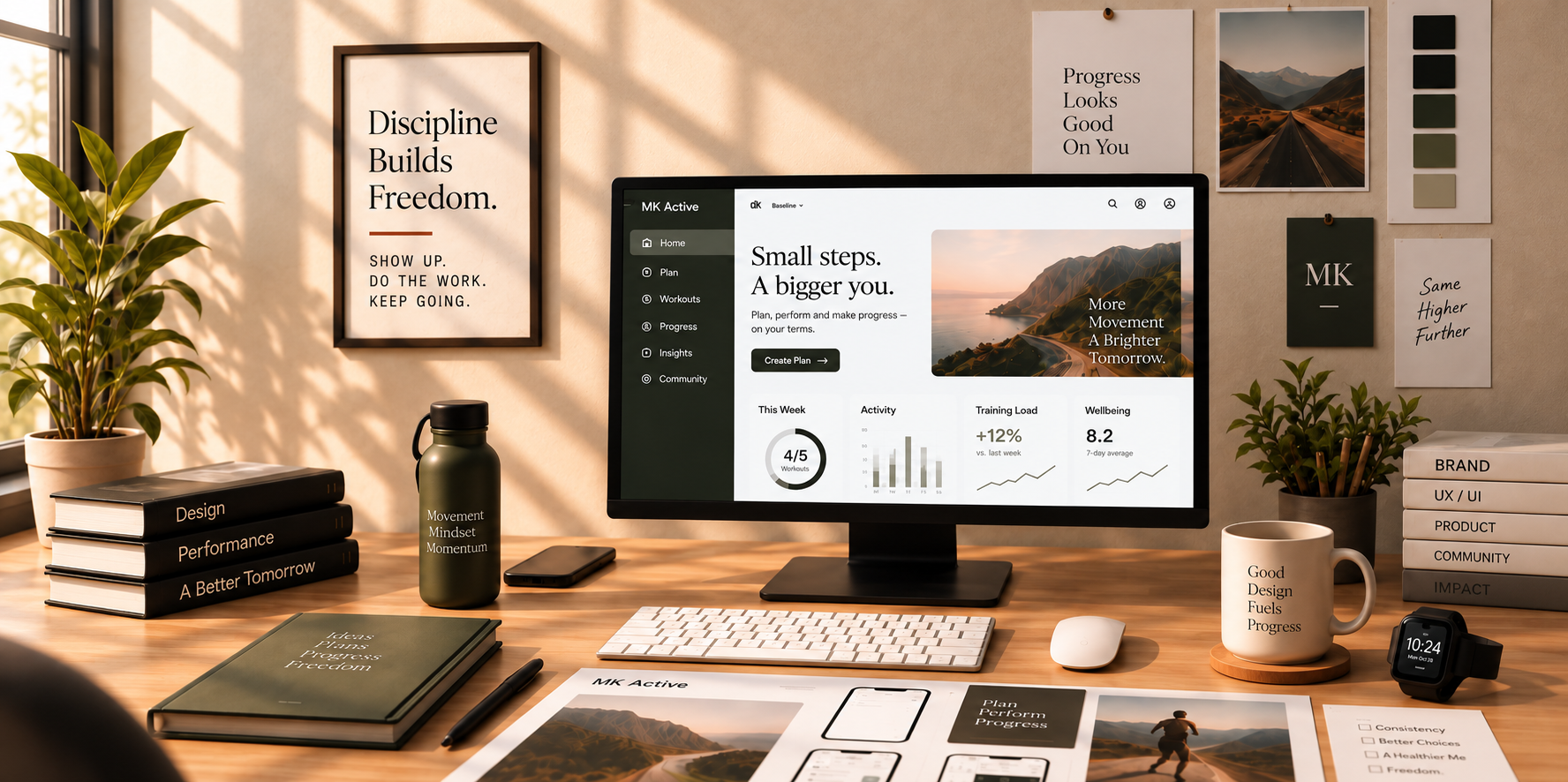 MK Active Digital workspace with monitor, planners and training-focused desk setup